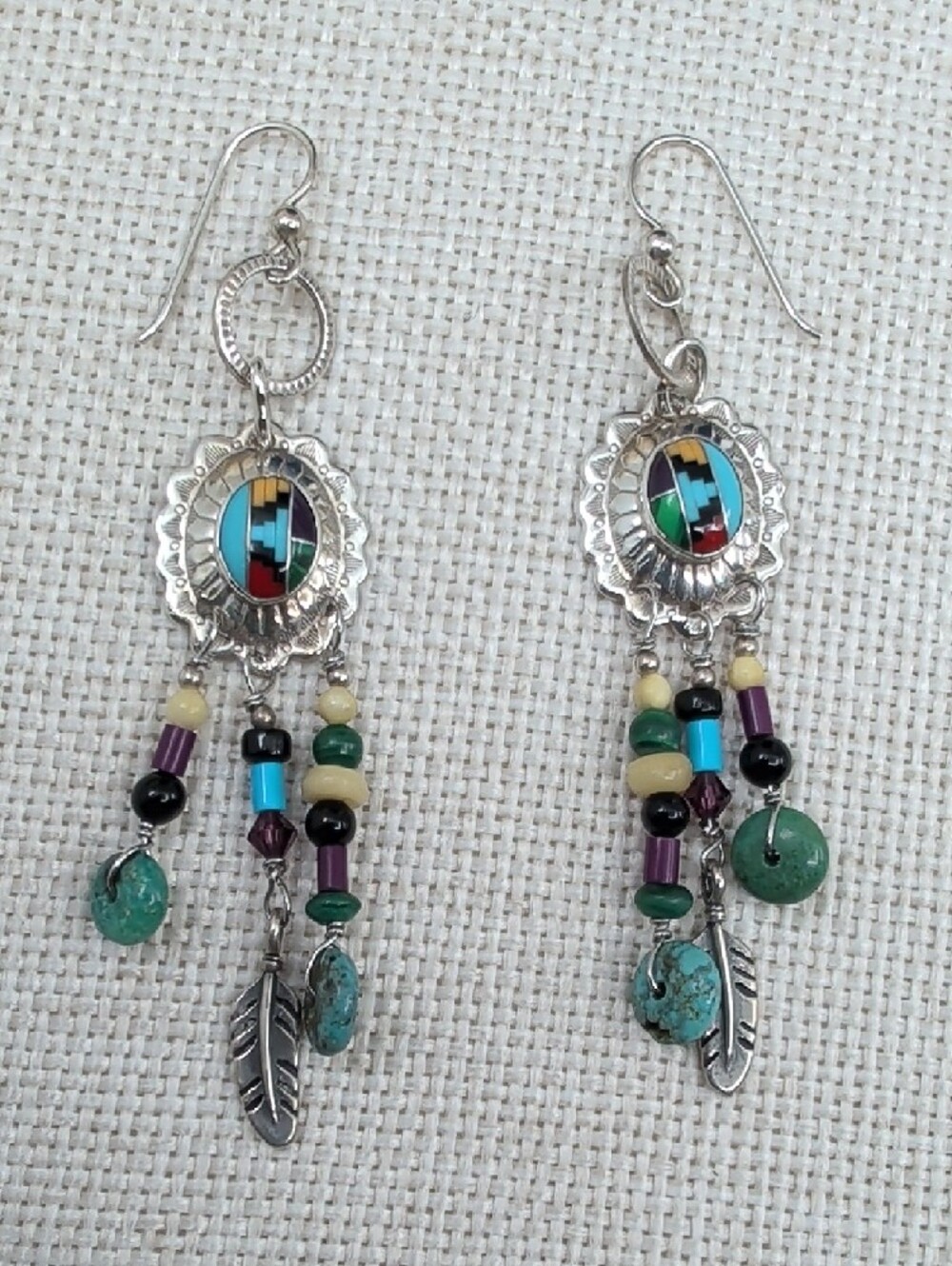Vintage Masha 925 Sterling Inlay Concho Dreamcatcher Earrings - Picture 6 of 17